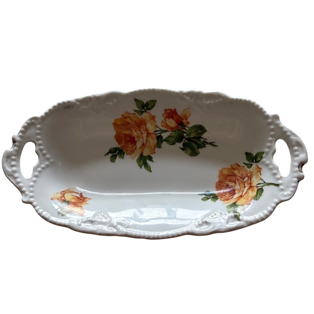 Vintage German Porcelain Celery Dish Yellow Orange Roses Beaded Handle 9 inch